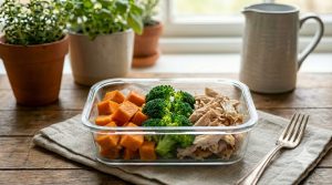 Ubi kukus, brokoli dan ayam panggang