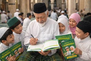 Kenangan pak ustadz memberi tanda tangan di buku kegiatan ramadan